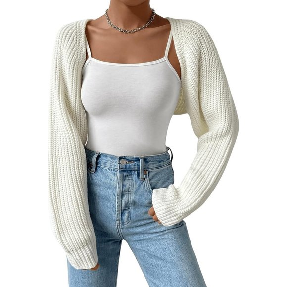 Women's Long Sleeve Open Front Knitted Crop Cardigan Sweater Shrug - Picture 1 of 5